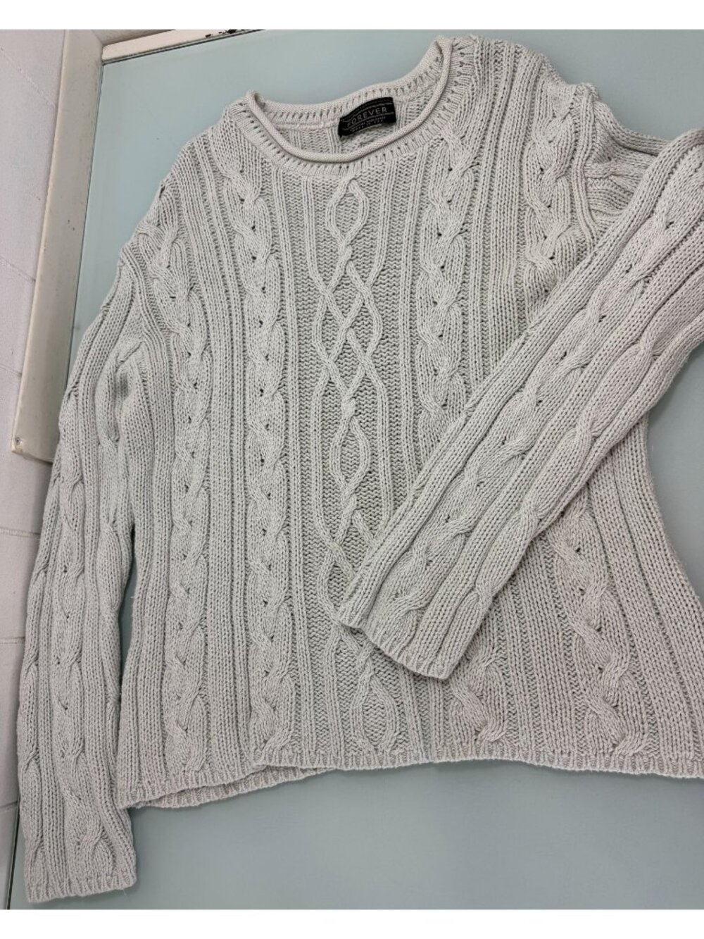Roll Neck Fisherman Sweater Women's XL Chunky Knit Light Green Y2K USA Made
